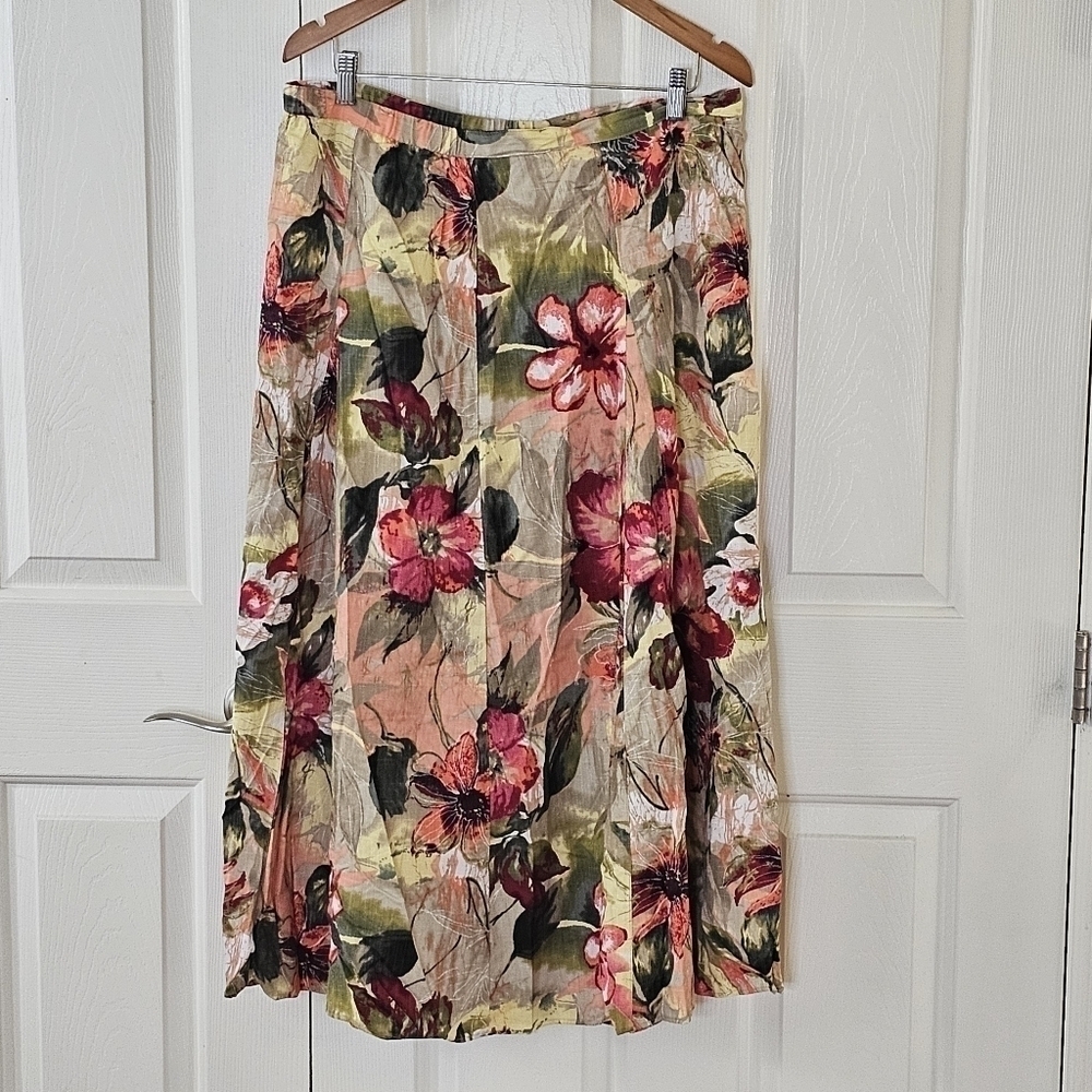 Vintage Koret Green Yellow Pink Floral Print Rayon Half Circle Maxi Skirt Sz 16 - Picture 9 of 11
